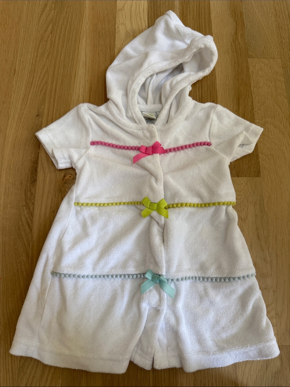 White Hooded Kids Swim CoverUp with Pink, Lime and Aqua Ribbon Accents